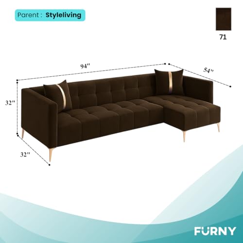 Image of FURNY Styliving 6 Seater Fabric RHS L Shape Sofa Set (Brown) with Golden Finish Legs | Durable & Comfortable | Ideal for Living Room