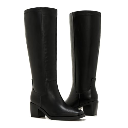 ZXHYZLZ Women's Black Wide Calf Knee High Boots – Plus Size Square Toe Low Heel Tall Boots with Side Zipper, Comfortable Fall Winter Footwear4