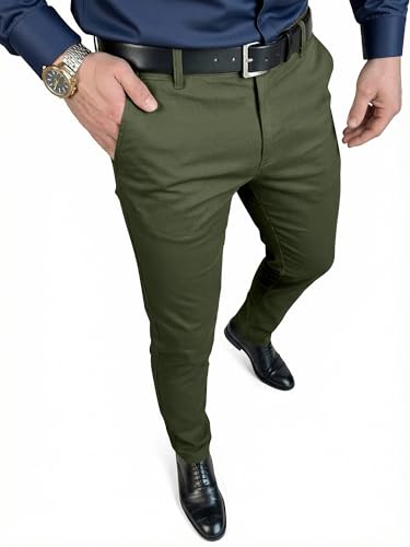 JMIERR Mens Slim Fit Stretch Dress Pants with Elastic Waist Tapered Skinny Trousers Suit Pants for Business Casual Occasions 30W*32L Dark Olive Green