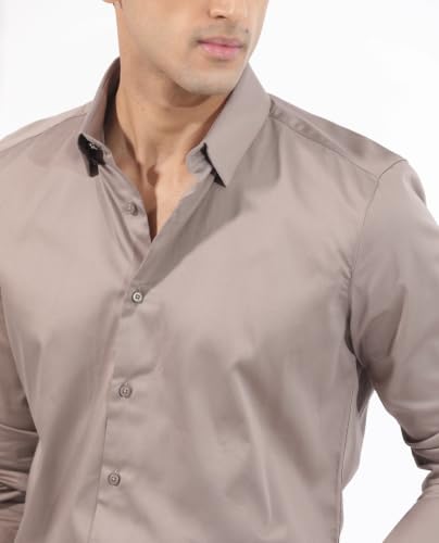 Image of Rare Rabbit Men Regular Fit Solid Beige Satin Long Sleeve Button Shirt