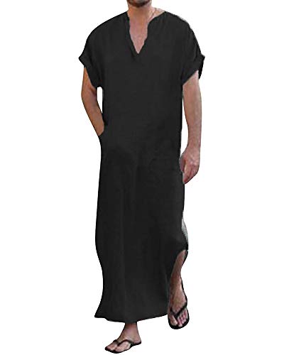 YAOHUOLE Men's Short Sleeve Kaftan Thobe Side Split Caftan with Pockets Long Gown Thobe