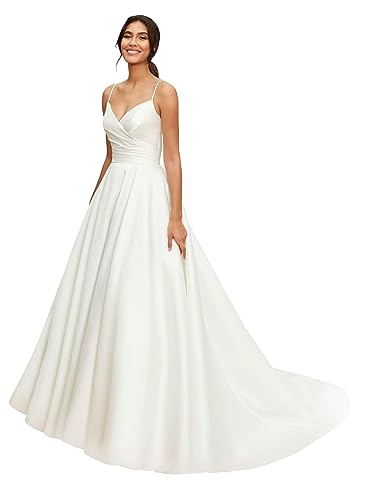 Women's Beach Wedding Dress Satin Spaghetti Straps A Line Vintage Boho Bride Gowns with Pockets