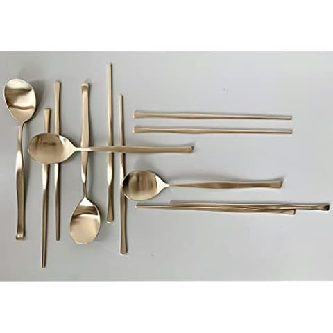 cozymomdeco Korean Made Utensil Flatware Modern Gold Color 18-10 Stainless Steel Spoon & Chopsticks Set with Gift Wrapping (4) Cover