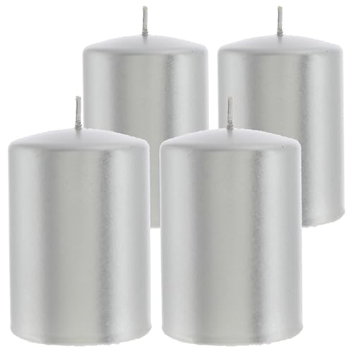 Stumpenkerze 4er Set | silber rund Ø6,8x10cm Paraffin | metallisch...