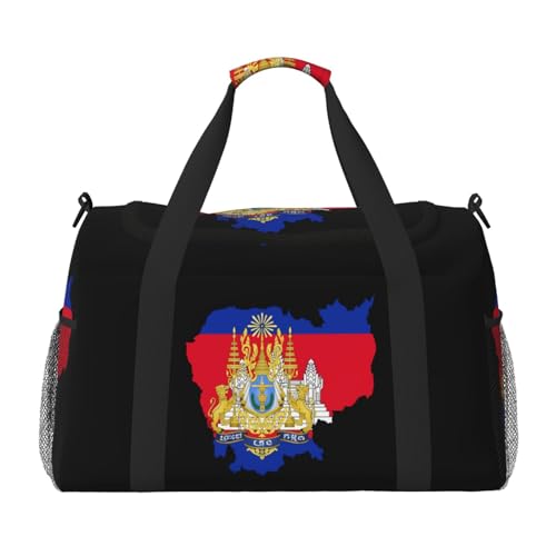 Flag Map Of Cambodia Travel Duffel Bag Large Foldable Waterproof Overnight Bag For Beach Swim Bags Pool Sports Gym