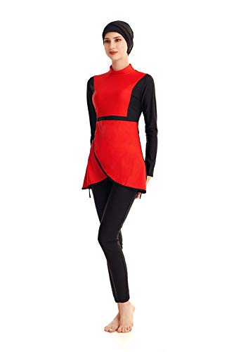 Muslim Swimsuits for Women Modest Swimwear Burkini Long Sleeve Swimming Suit Plus Size (Red, M)