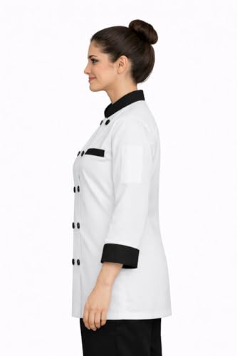 Image of Women Chef Coat for Hotel Restaurant & Kitchen Staff | White Chef Uniform with Black Piping | Professional Chef Jacket for Women