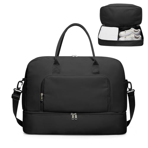 Image of Travel Duffle Bag,Weekender Bags for Women with Shoe Compartment Personal Item Travel Bag Carry on Overnight Bags For Airplanes Gym Duffel Bag with Wet Pocket Hospital Bag for Labor and Delivery Black