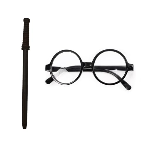 VIGUEUR Round Wizard Glasses and Wand Pencil Wizard Costume Plastic Glasses For Dress Up