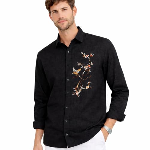 Image of Men's Premium Linen Embroidered Shirt - Casual Designer Floral Bird Embroidery Shirt for Men | Breathable Lightweight Summer Casual Party & Vacation Wear