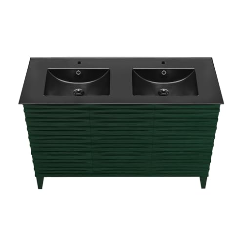 Image of Swiss Madison Cascade 48 inch Freestanding Bathroom Vanity in Green Oak with Black Double Basin Sink Top