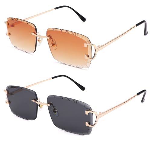 Image of Hycredi Rimless Rectangle Sunglasses for Men /Women- Frameless Square Trendy Shade - Diamond Cutting Eyewear