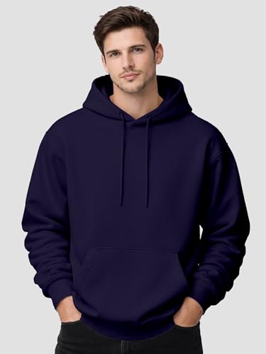 Image of Mens Drop Shoulder White Hoodie | Oversized Look Cotton Blend Fleece | Pullover Sweatshirt with Hood & Kangaroo Pocket | Winter Casual Wear
