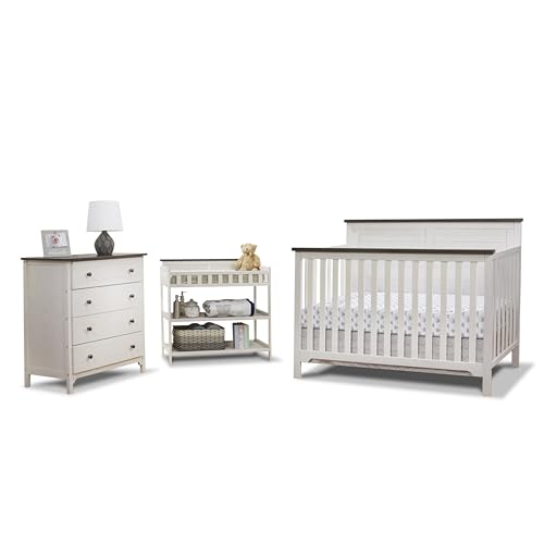 Image of Sorelle Furniture Farmhouse 3-Piece Nursery Set with 4-in-1 Convertible Crib, 4-Drawer Dresser, and Changing Table with Shelves, Baby Furniture Made of Wood, Non-Toxic Finish-Chocolate and White