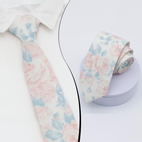 Image of Luckyvestir Ties for Men, Sage Green Cotton Floral Tie 2.76 inch Flower Printed Men's Neckties for Wedding /Groomsmen /Suit /Party