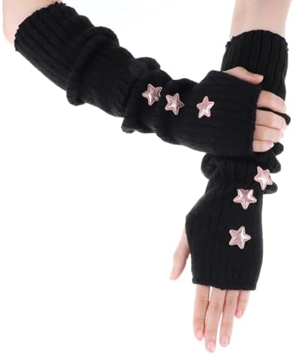 Arm Warmers Knit Blend Cute Y2k Harajuku Japanese Style Long Fingerless Gloves for Women Girls, Cold Weather Fsahion Arm Sleeve Thumb Hole Gloves (15.7Inch, Black)