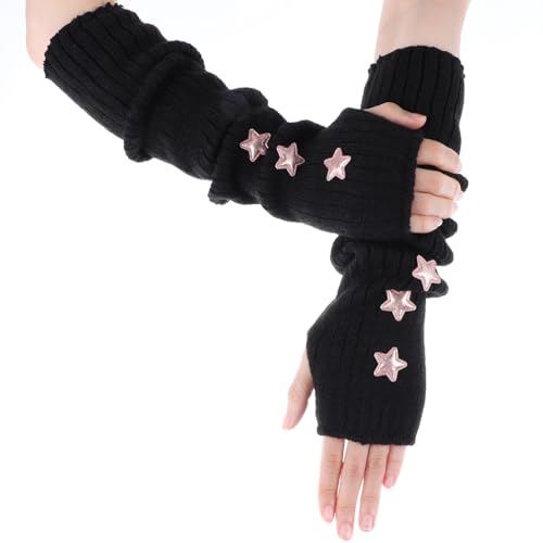 CIATBYYJ Arm Warmers Knit Blend Cute Y2k Harajuku Japanese Style Long Fingerless Gloves for Women Girls, Cold Weather Fsahion Arm Sleeve Thumb Hole Gloves (15.7Inch, Black)