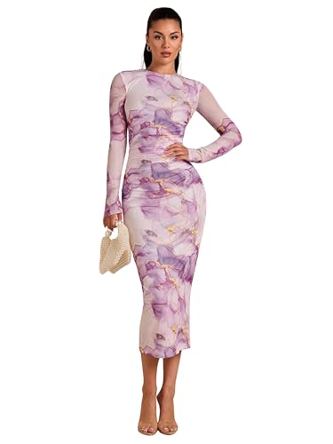Image of Women's Sexy Round Neck Lounge Long Dress Elegant Long Sleeve Ribbed Bodycon Knee Length Dresses