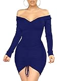 XXTAXN Women's Sexy Elegant Long Sleeve Off The Shoulder Ruched Mini Dress Navy