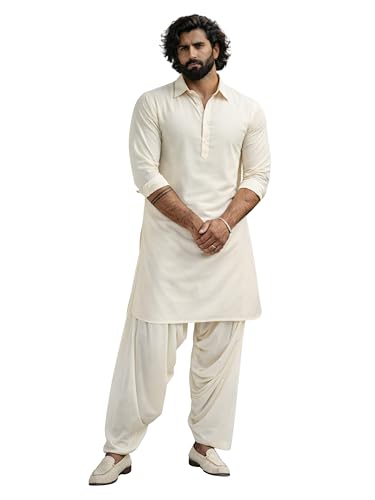 Image of VASTRAMAY Men's Black and White Viscose Pathani Kurta Set, Traditional Pathani Khan Suit Set in Viscose Fabric, and Salwar Patiala Pyjama for Weddings & Festival, Ethnic Outfit | Independence Day