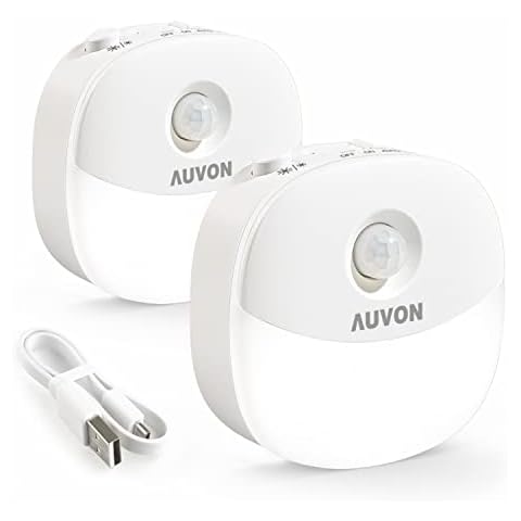 AUVON Rechargeable Motion Sensor Night Light, Cool White LED Stick-On Closet Light with Dusk to Dawn Sensor, Adjustable Brightness for Wall, Stairs, Cabinet, Hallway (2 Pack,Cool White) Cover