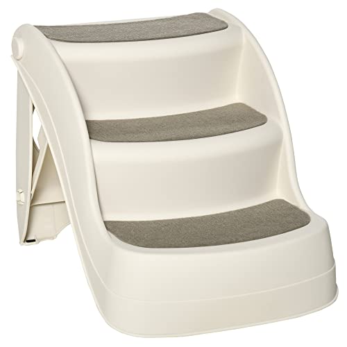 PawHut Escalera para Perros de 3 Peldaños Plegable Escalón de Plástica para Mascotas con Alfombras Antideslizantes para Cama Sofá Carga 15 kg 49x38x38 cm Crema