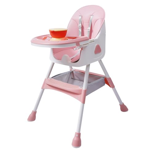 Trona para bebé 2 en 1 con cinturón de seguridad, ajustable, plegable, con tabla de comedor y cubiertos (rosa)