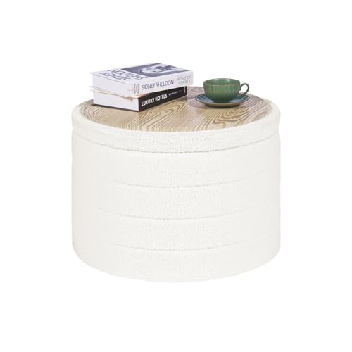 PINPLUS Round Ottoman Velvet Storage Footstool Coffee Table, White, Teddy Fabric, 22.05" L x 22.05" W x 15.75" H