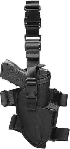 Holster Cuisse Droite Tactique avec Poche à Chargeurs | Ajustable, Universel pour Pistolets | Nylon 600D, Mousse Mémoire, Déverrouillage Rapide (Black)