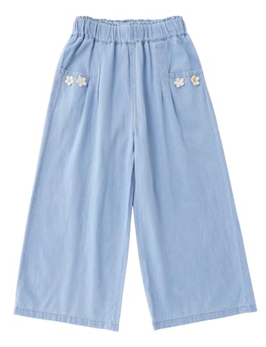Happy Cherry Girls Elastic Waist Thin Cotton Denim Pants Wide Leg Baggy Trousers Cute Summer Straight Cropped Pant 2-10