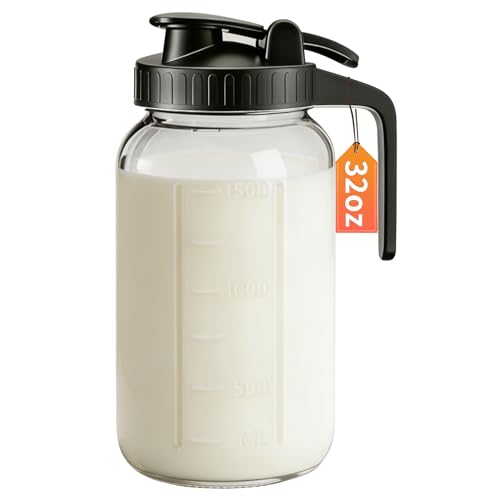 32oz Glass Pitcher with Lid & Spout 1 Quart Mason Jars Airtight & Leakproof Breastmilk Pitcher for Cold Brew Coffee Sun Tea Water Juice Wide Mouth Fridge Safe