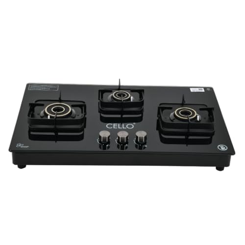 Image of Cello Pearl Plus Hob-Top 3 Burner | Manual Ignition | 8mm Toughened Glass | Flower Design Brass Burners | 1 Year Warranty by Cello | Black