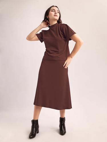 Image of PURVAJA Women's Short Sleeve Top with Skirt Solid Co-ords Set
