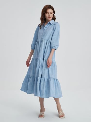 Image of Women Button Down Maxi Shirt Dress Long Sleeve Flowy Tiered Collared Dresses with Pockets