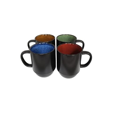 Essential Drinkware 14oz Capua Stackable Ceramic Coffee Mugs, Black Outside with Assorted Color Inside - Set of 4 Cups with Large Handles and Bright Reactive Glaze Patterned Interior Cover