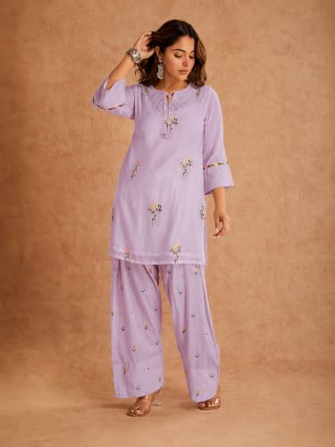 Image of ANNI Designer Farshi Salwar Suit for Women Viscose Embroidered | Co Ord Set for Woman | Straight Kurta Palazzo Outfit Round Neck V Slit 3 /4 Sleeve Ethnic Dress Womens Clothing