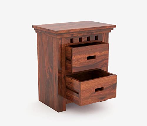 Image of WOODLAB Solid Sheesham Wood Bedside End Table with 2 Drawer Storage for Bedroom Wooden Nightstand Table Home Office (Kuber Honey Finish)