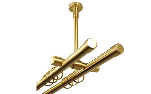 Gardinenstange 2-läufig Deckenmontage im Messing Design 20 mm mit Endstück Kappe, 240 cm (2 x 120 cm)