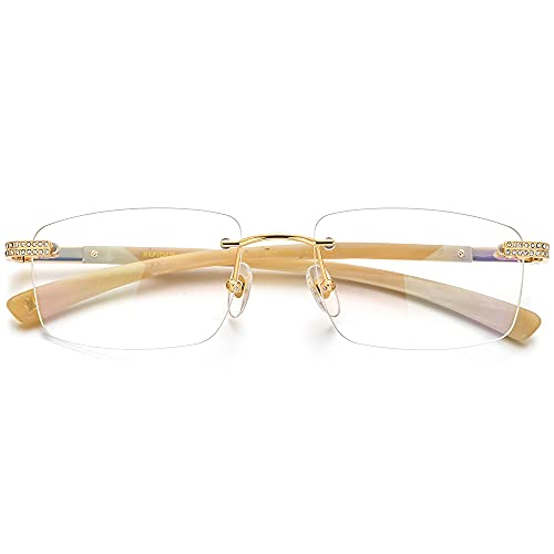 Image of HEPIDEM 100% Really Buffalo Horn Glasses,Square Rimless Luxury Buffs Eyeglasses with Zircon Diamonds