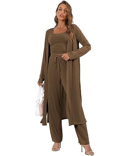 Image of 3 Piece Lounge Sets for Women Airport Travel Outfit | Long Cardigan，Tank Top ，Wide Leg Pants with Pockets，Comfy Loungewear，Casual Chic， Airplane Clothing，Vacation Matching Set