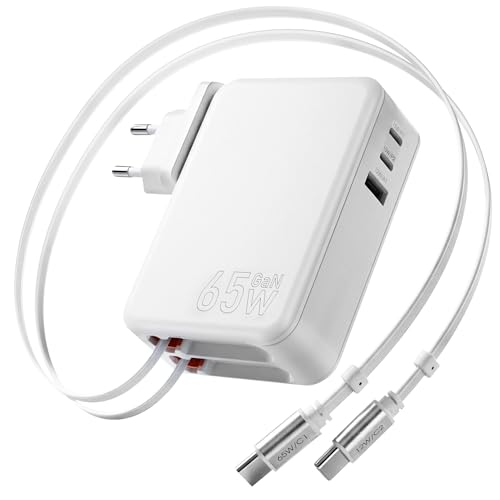 5 in 1 USB C Einziehbares Ladegerät 65W 3 Port Netzteil Schnellladegerät mit Einziehbarem Kabel GaN Retratable Charger Dual Typ C Kabel für MacBook Pro/Air iPhone 17/16/15 iPad Galaxy Pixel