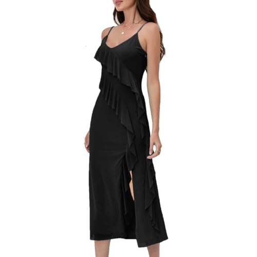 Image of Women's Spaghetti Strap Ruffle Side Split Long Dress Bodycon Beach Maxi Dresses