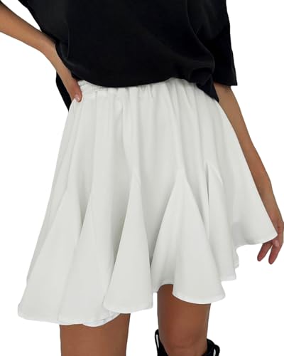 CORIRESHA Women's Elastic Waist Patched Ruffle Hem A-line Mini Skater Skirt