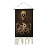 Jubonexis Tapiz de pared de lino, esqueleto gótico sosteniendo rollos de papel higiénico, póster vintage con borla y barra de madera para colgar