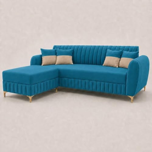 Image of CASASTYLE Signature Velour 4-Seater L-Shape Sofa Set with Movable Ottoman | Flexible LHS /RHS Layout | Boston Matte Fabric | 40D Foam + Zigzag Spring | 3-Yr Warranty (Ocean Blue)