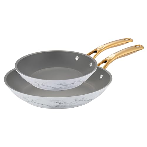 ONGIFT Juego de sartenes antiadherentes de 2 piezas, 8, 10 pulgadas, fáciles de limpiar, utensilios de cocina, ligeros, duraderos, compatibles con todas las estufas, sartenes de cocina, mármol blanco
