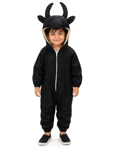 Image of BookMyCostume Black Buffalo Dress for Kids - Full Body Jumpsuit with Curved Horns Attached Hood - Farm Animal Bull Fancy Dress | Annual Day & Stage Performance Costume | 4-5 Years