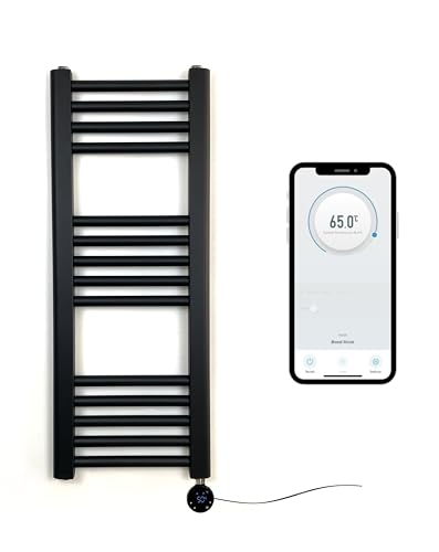 Greened House Sèche-Serviettes électrique Intelligent contrôlé par WiFi Noir Mat 300 mm l x 800 mm H Minuterie programmable 7 Jours Compatibilité avec l'application