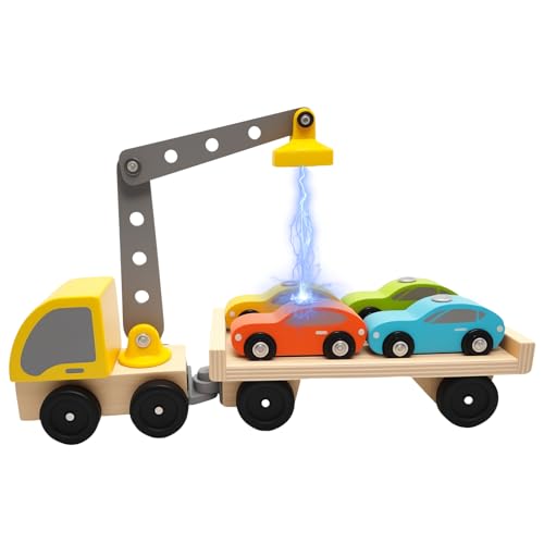 Libershine Camião grua de madeira, camião transporte carros com grua magnética e 4 carros magnéticos, gruas de brinquedo para meninos e meninas, brinquedos Montessori para crianças de 2, 3, 4, 5 e 6