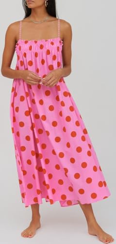 Image of Women Polka Dot Maxi Dress Sleeveless Backless A Line Beach Long Dress Spaghetti Straps Casual Baggy Flowy Maxi Sundress